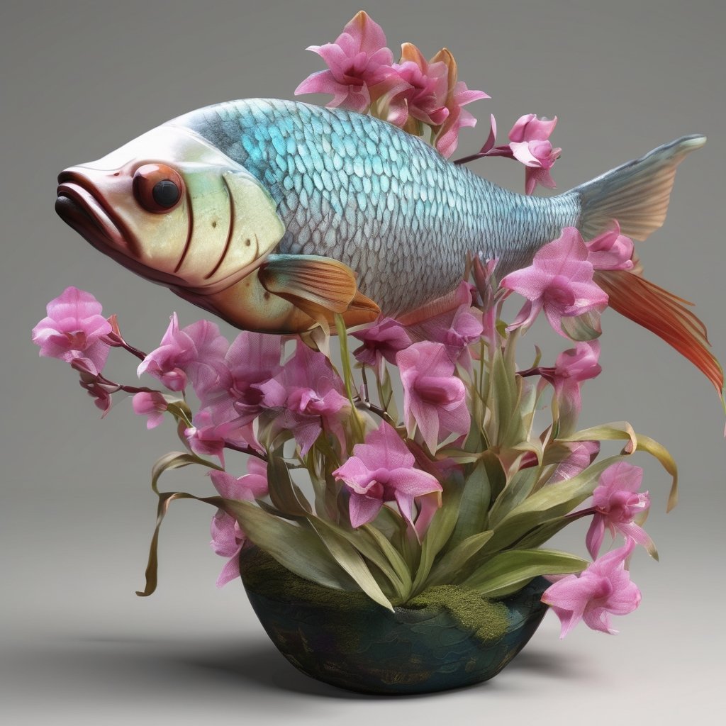 Brightly colored fish surrounded by flowers