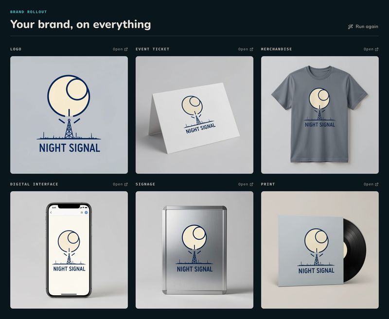 El logo elegido de Night Signal aplicado a una entrada, una camiseta, un teléfono, una señal y la portada de un disco.
