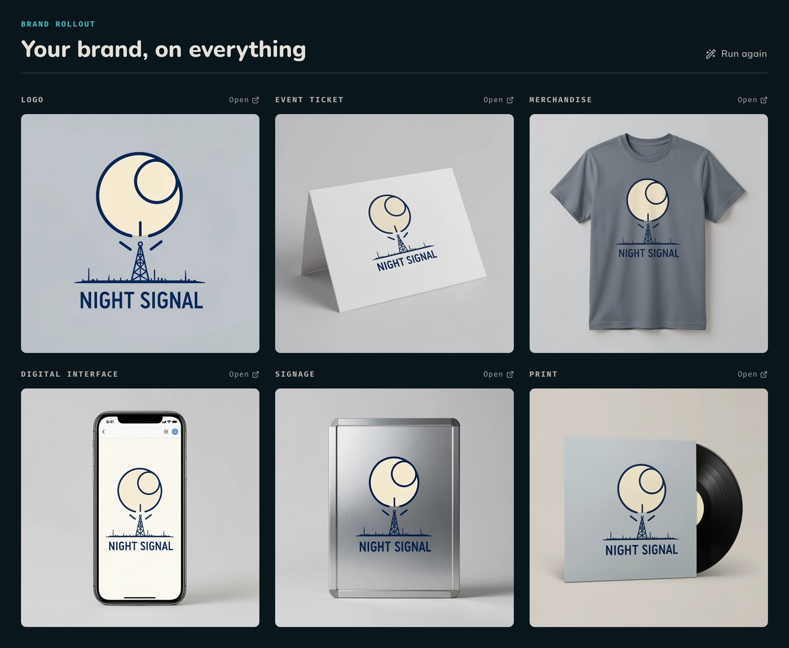 El logo elegido de Night Signal aplicado a una entrada, una camiseta, un teléfono, una señal y la portada de un disco.