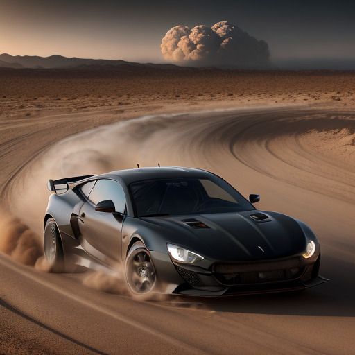 Black sports car in the desert running away from a nuclear explosion