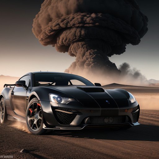 Black sports car in the desert running away from a nuclear explosion