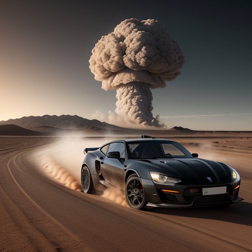 Black sports car in the desert running away from a nuclear explosion