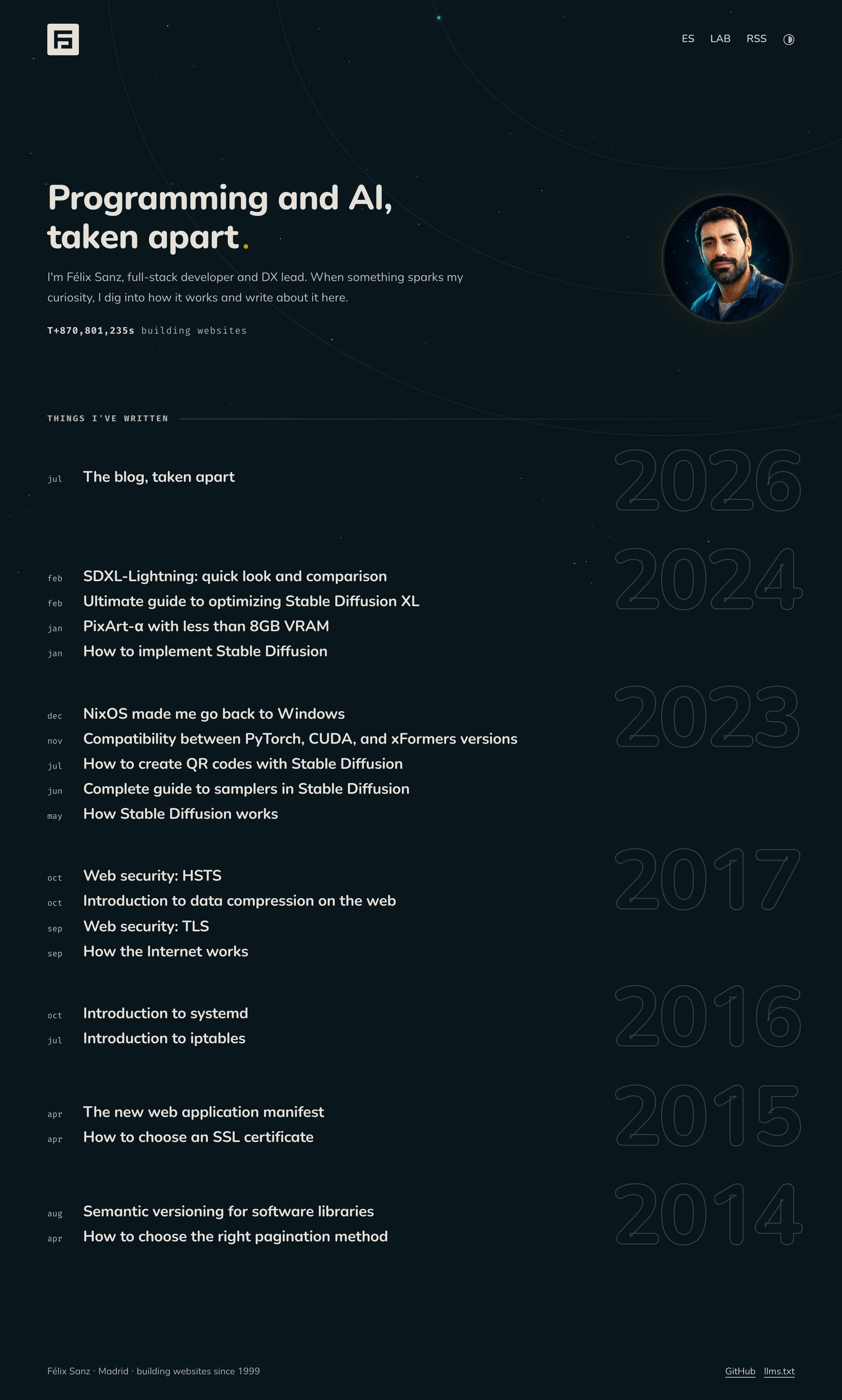 The new home page: a dark cockpit-inspired design with the tagline, a cosmic avatar, a mission clock, and every article in a single chronological list.