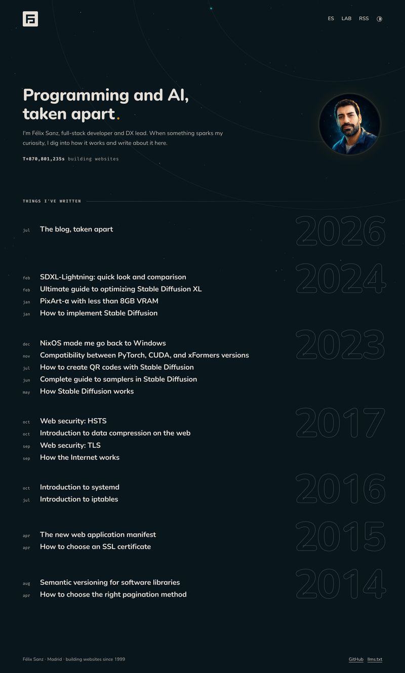 The new home page: a dark cockpit-inspired design with the tagline, a cosmic avatar, a mission clock, and every article in a single chronological list.