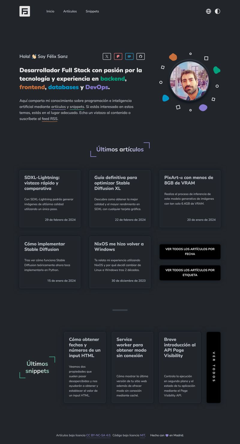La página de inicio de 2024: palabras clave de varios colores, formas geométricas flotando alrededor de una foto, y los artículos mostrados en una cuadrícula de tarjetas.