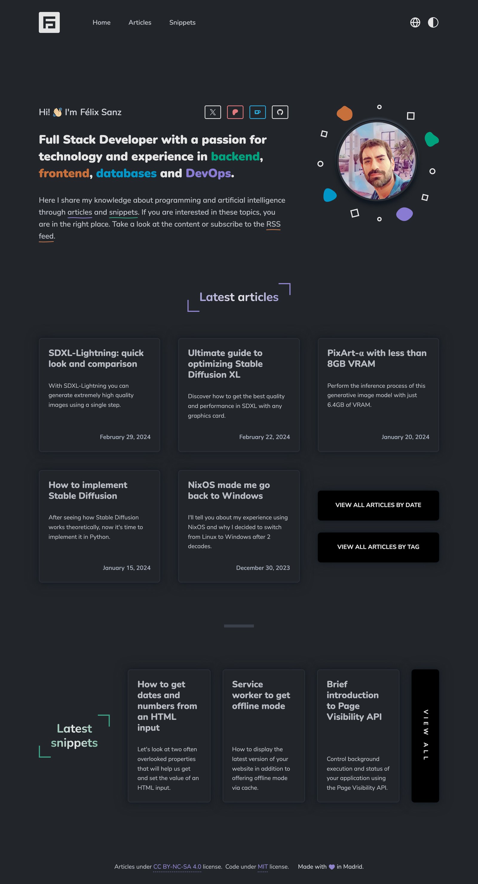 The 2024 home page has colorful keywords and geometric shapes floating around a photograph. Articles appear in a grid of cards.