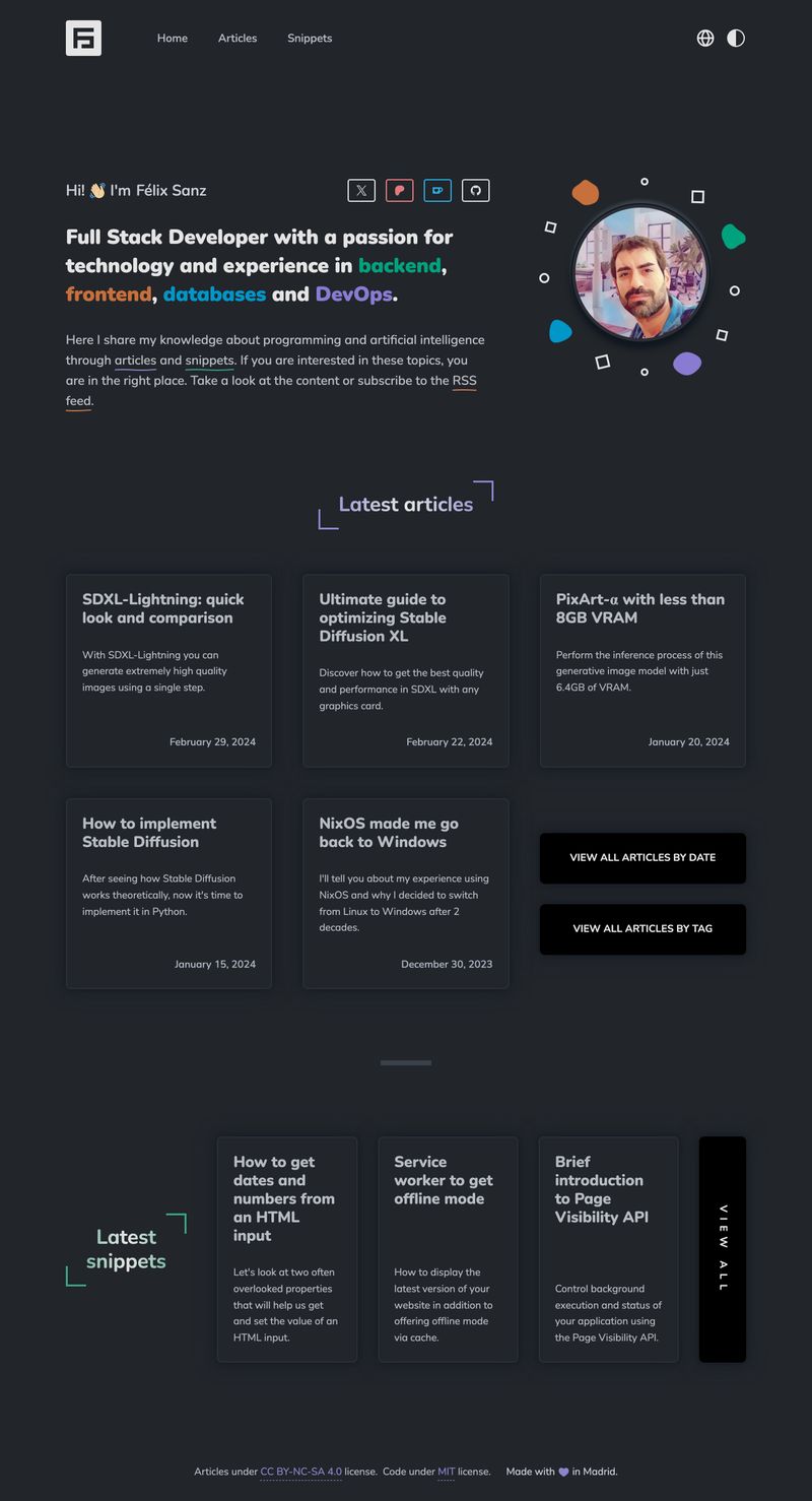 The 2024 home page has colorful keywords and geometric shapes floating around a photograph. Articles appear in a grid of cards.
