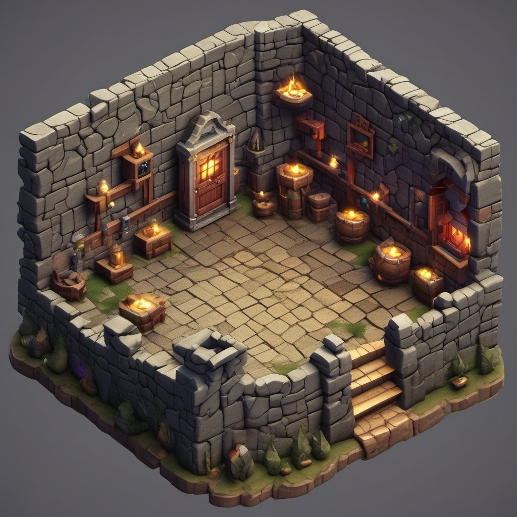 Interior of a castle room with a 3D video game look in isometric view