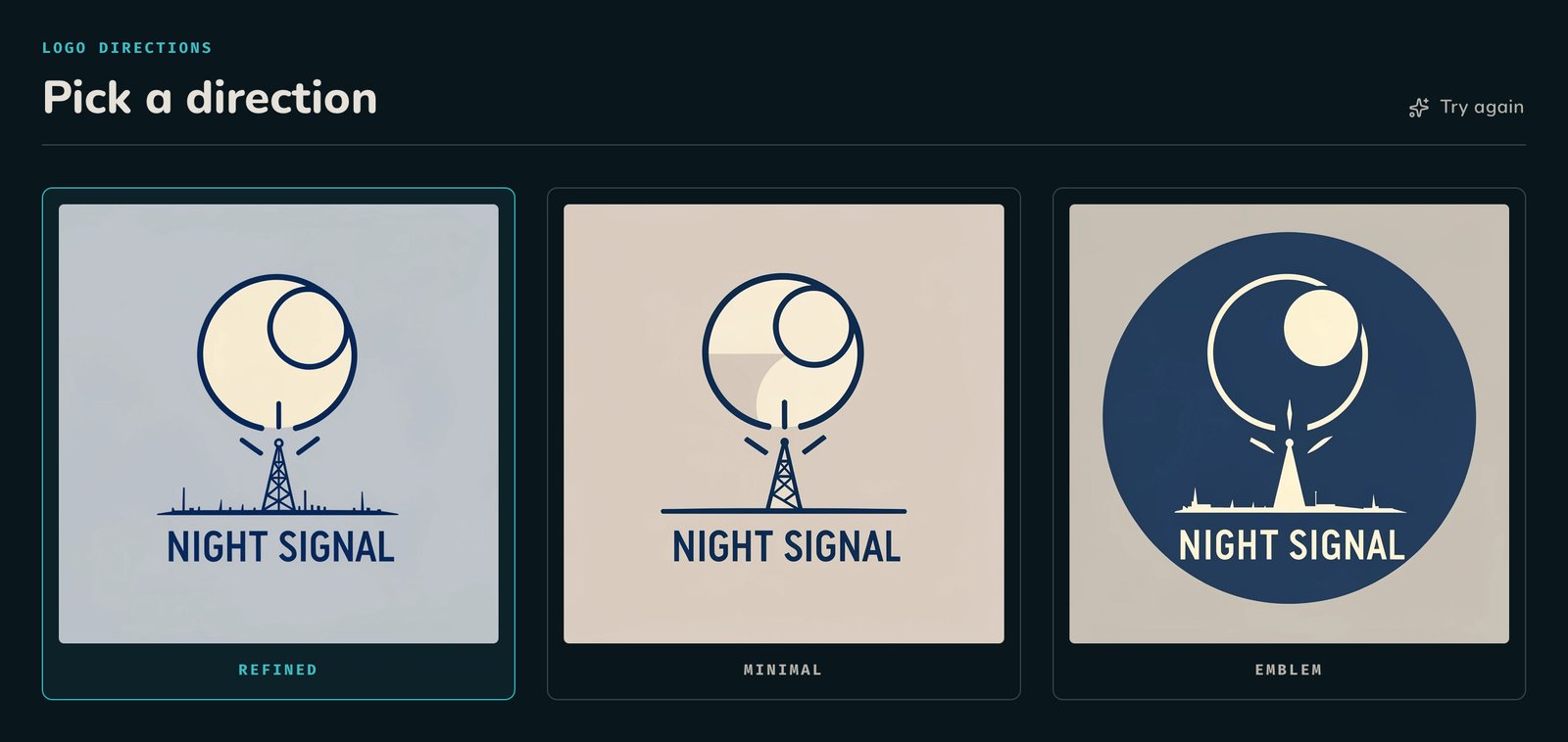 Las tres interpretaciones del logo de Night Signal: Refined, Minimal y Emblem.