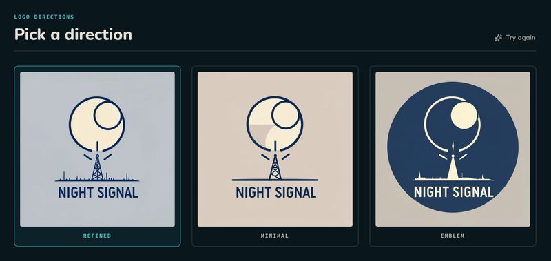 Las tres interpretaciones del logo de Night Signal: Refined, Minimal y Emblem.