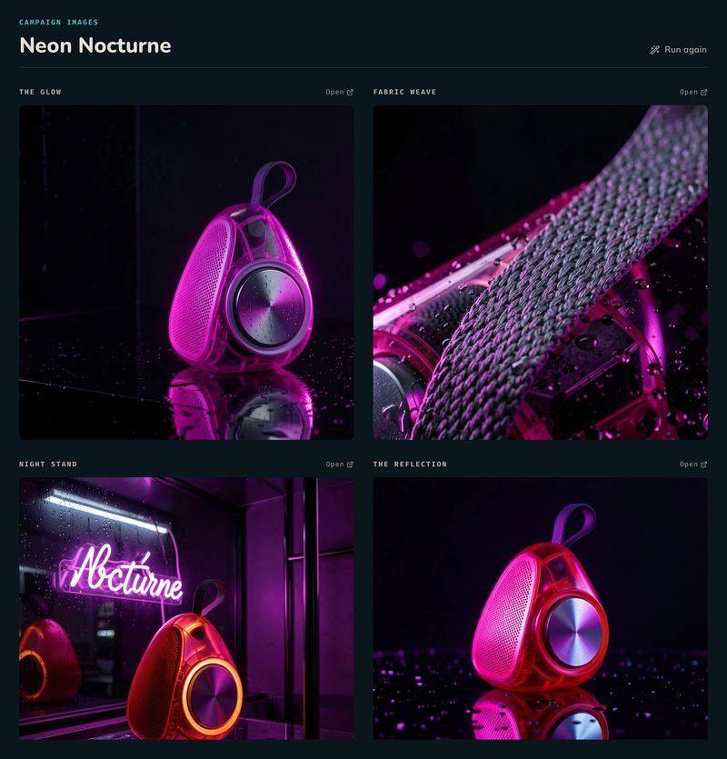 Las cuatro fotografías de Neon Nocturne: una imagen principal del altavoz, un macro de la correa, una escena junto a un neón y una composición con reflejo.