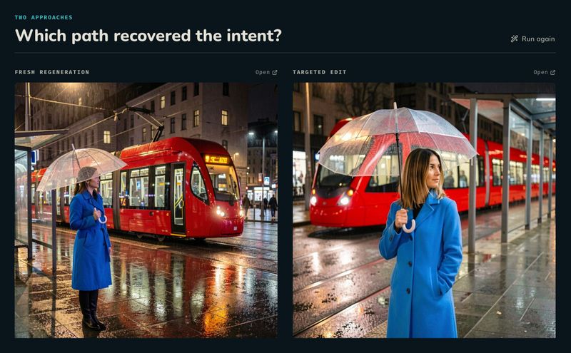 Una regeneración y una edición dirigida colocadas una al lado de la otra. Las dos muestran ahora una mujer con abrigo azul delante de un tranvía rojo.