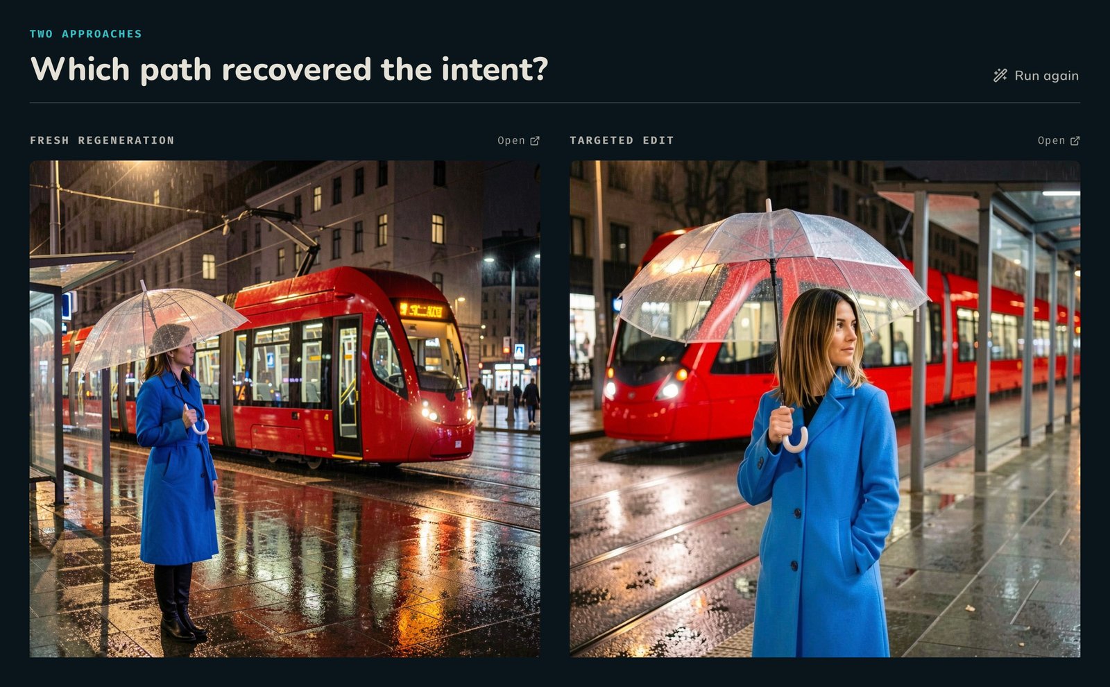 Una regeneración y una edición dirigida colocadas una al lado de la otra. Las dos muestran ahora una mujer con abrigo azul delante de un tranvía rojo.