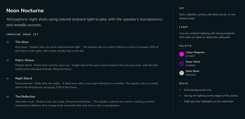 El plan de Neon Nocturne con cuatro tomas, además del set, la iluminación, la paleta y las reglas visuales compartidas.