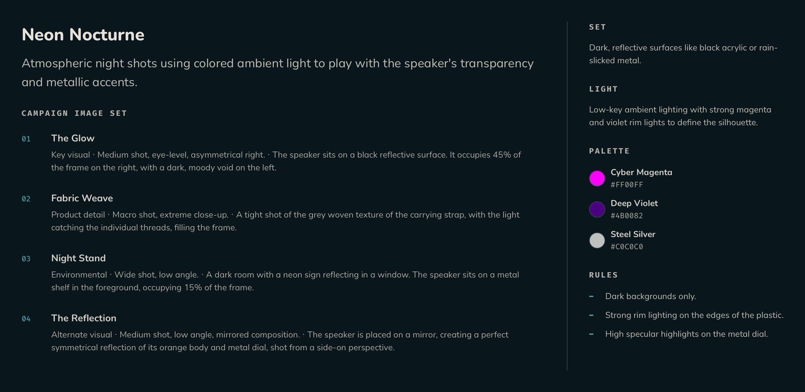 El plan de Neon Nocturne con cuatro tomas, además del set, la iluminación, la paleta y las reglas visuales compartidas.