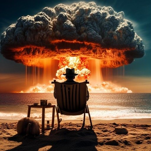 Oppenheimer sitting in a beach chair watching a nuclear explosion