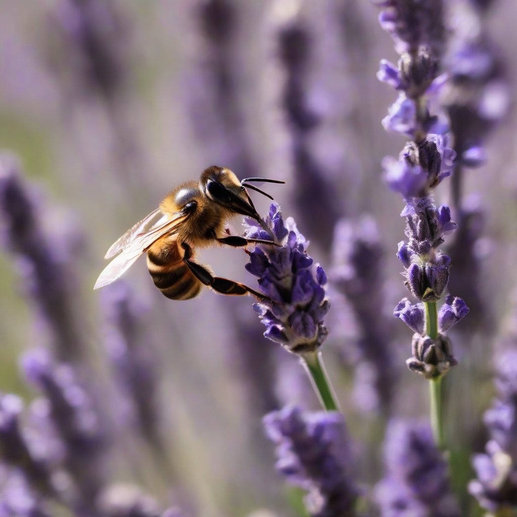 Abeja polinizando una flor de lavanda
