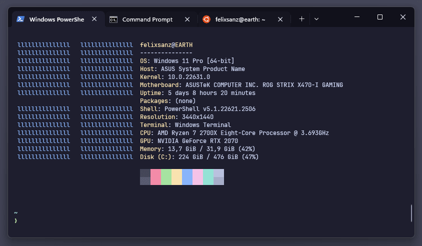 Screenshot of Windows Terminal displaying multiple tabs and running winfetch