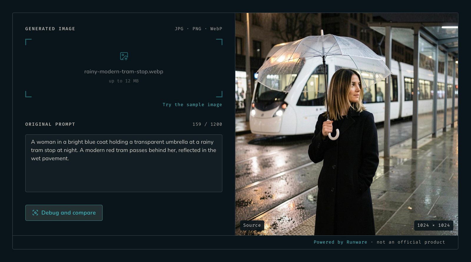 Image Debugger con el ejemplo cargado. El prompt pide un abrigo azul y un tranvía rojo, mientras la imagen muestra una mujer con abrigo negro delante de un tranvía blanco.
