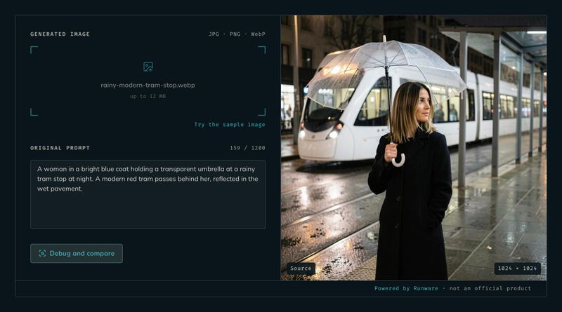 Image Debugger con el ejemplo cargado. El prompt pide un abrigo azul y un tranvía rojo, mientras la imagen muestra una mujer con abrigo negro delante de un tranvía blanco.