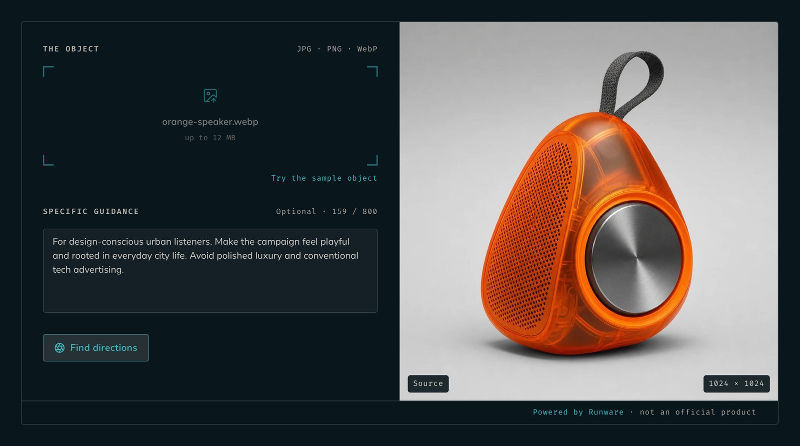 AI Creative Director con la fotografía de un altavoz naranja y un brief para una campaña urbana y alejada de la publicidad tecnológica de lujo.