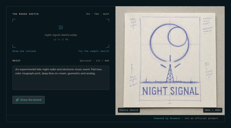Sketch to Brand con el boceto de Night Signal y un brief para un evento nocturno de radio y música electrónica.