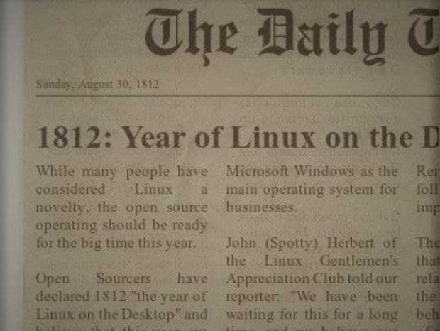 Satirical newspaper cover declaring the year 1812 as the year of Linux on the desktop