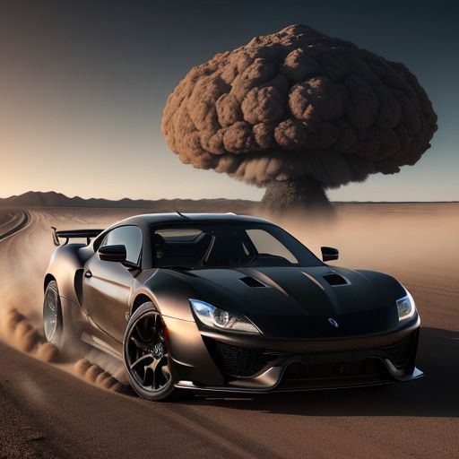 Black sports car in the desert running away from a nuclear explosion