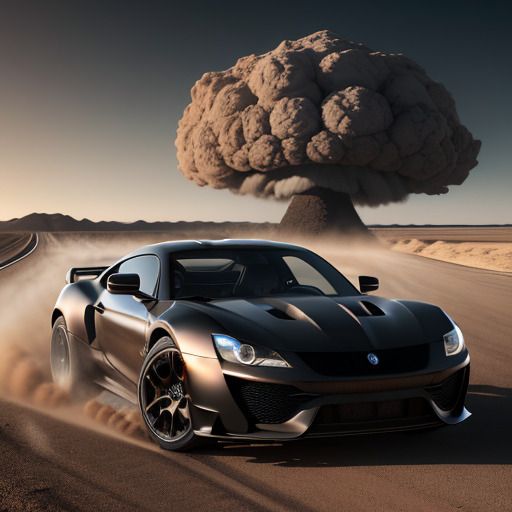 Black sports car in the desert running away from a nuclear explosion
