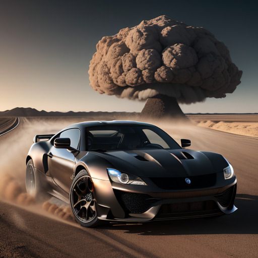 Black sports car in the desert running away from a nuclear explosion