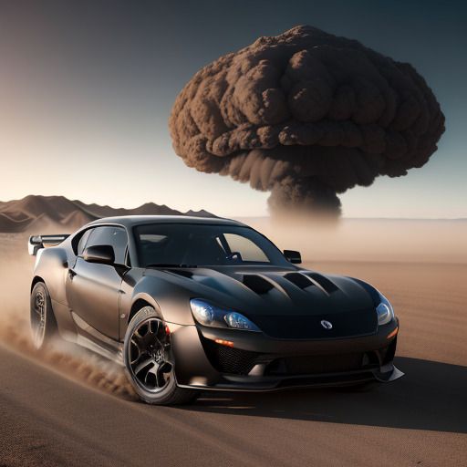 Black sports car in the desert running away from a nuclear explosion