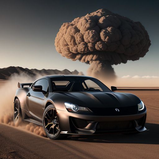 Black sports car in the desert running away from a nuclear explosion