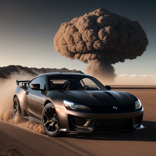 Black sports car in the desert running away from a nuclear explosion