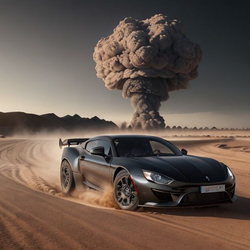 Black sports car in the desert running away from a nuclear explosion