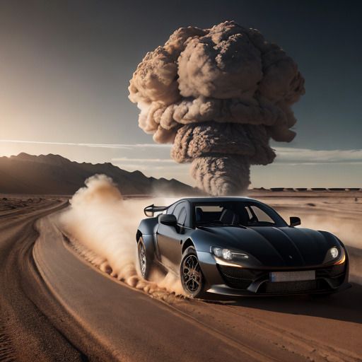 Black sports car in the desert running away from a nuclear explosion
