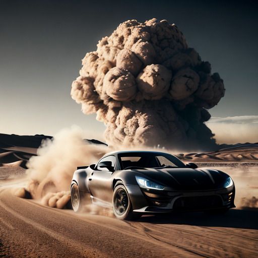 Black sports car in the desert running away from a nuclear explosion