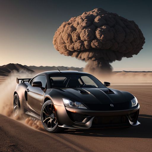 Black sports car in the desert running away from a nuclear explosion