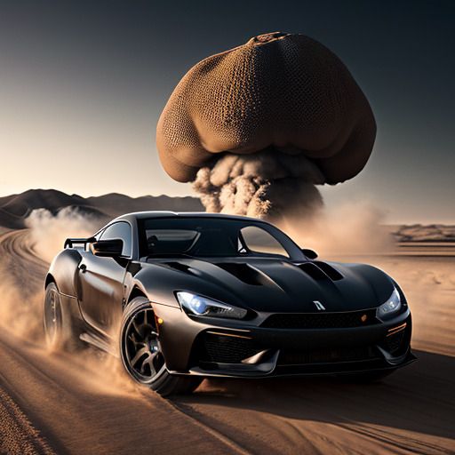 Black sports car in the desert running away from a nuclear explosion