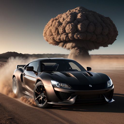 Black sports car in the desert running away from a nuclear explosion