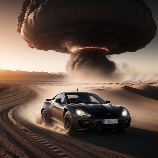 Black sports car in the desert running away from a nuclear explosion