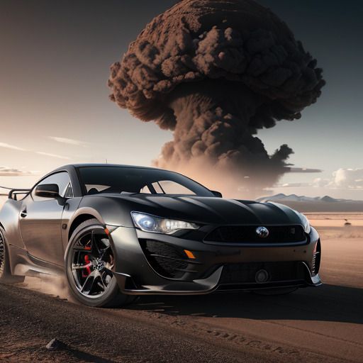 Black sports car in the desert running away from a nuclear explosion