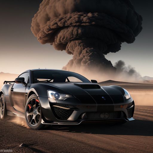 Black sports car in the desert running away from a nuclear explosion