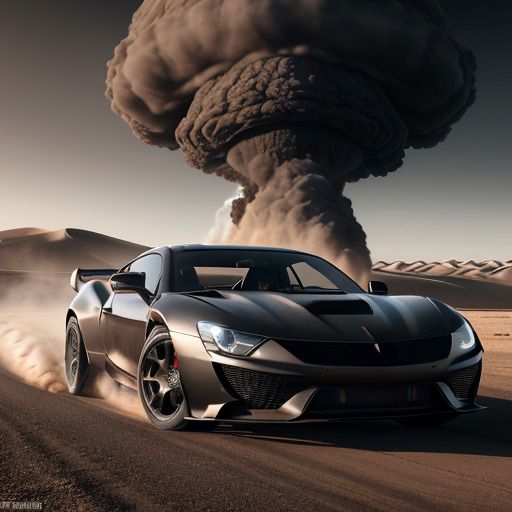 Black sports car in the desert running away from a nuclear explosion