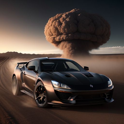 Black sports car in the desert running away from a nuclear explosion