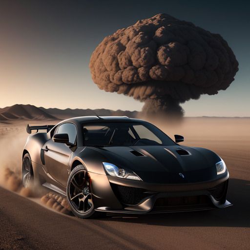 Black sports car in the desert running away from a nuclear explosion