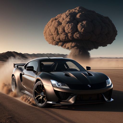 Black sports car in the desert running away from a nuclear explosion