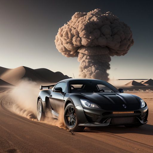 Black sports car in the desert running away from a nuclear explosion