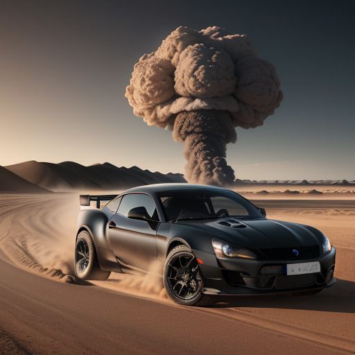 Black sports car in the desert running away from a nuclear explosion