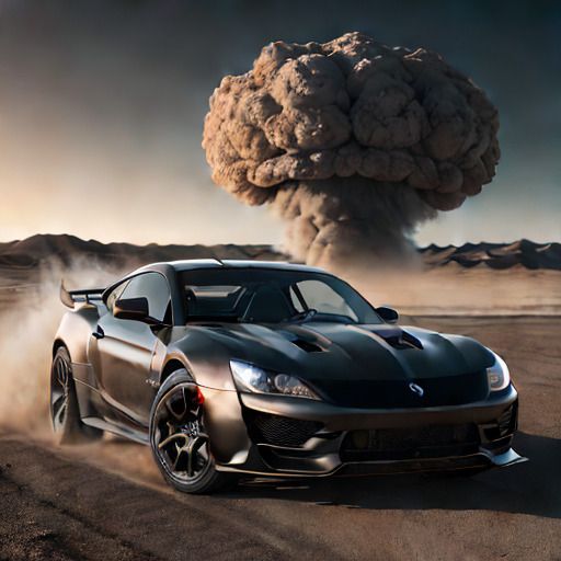 Black sports car in the desert running away from a nuclear explosion