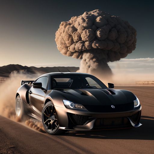 Black sports car in the desert running away from a nuclear explosion